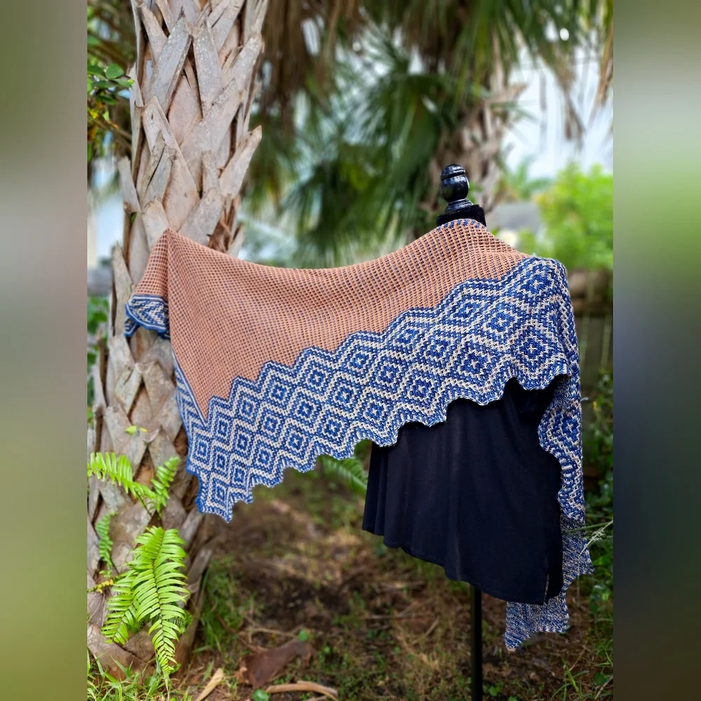 Hand Knit Shawl Blue Brown Beige Hand Dyed Yarn Mosaic Colorwork Soft Warm Cozy - Picture 10 of 16